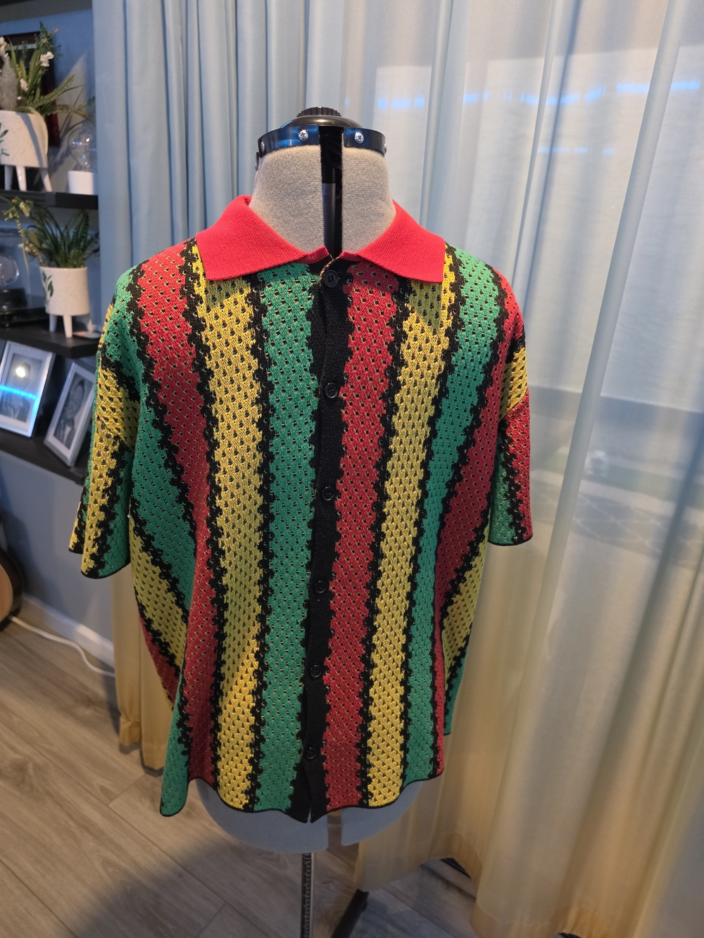 SHEIN Manfinity Rasta Striped Crochet Knit Polo Button Up Shirt Size Large